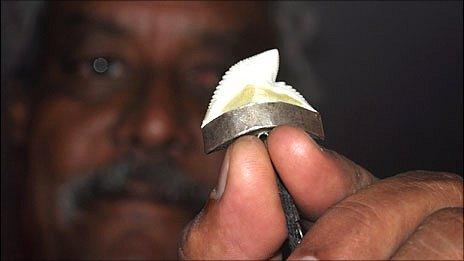 A fisherman holds up a shark's tooth