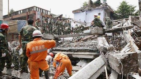 Rescue workers in action after an earthquake in China.