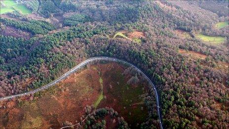 Aerial shot of the old A3 and Devil's Punch Bowl