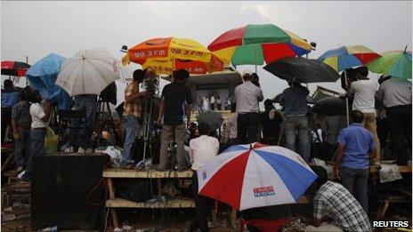 TV channels at Ramlila ground where Mr Hazare is holding a hunger strike