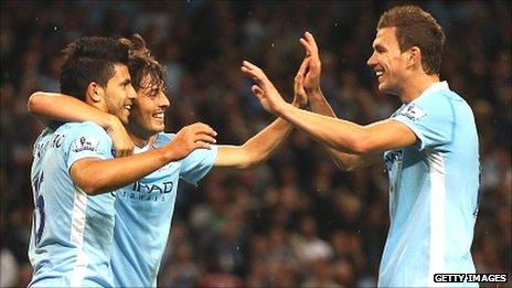 Sergio Aguero (left), David Silva (centre) and Edin Dzeko (right)