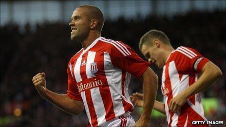 Matthew Upson (left) celebrates scoring for Stoke against FC Thun