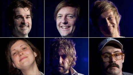 Clockwise from top left;: Adam Riches, Andrew Maxwell, Chris Ramsey, Sam Simmons, Nick Helm and Josie Long