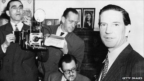 Kim Philby, the double agent who was connected with spies Burgess and Maclean, at a press conference at Drayton Gardens in London on 8 November 1955