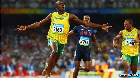 Jamaica's Usain Bolt celebrates after winning the men's 100m final in the 2008 Beijing Olympic Games