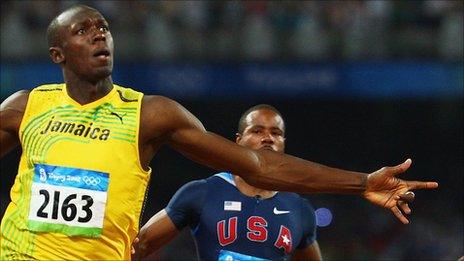 Jamaica's Usain Bolt celebrates after winning the men's 100m final in the 2008 Beijing Olympic Games