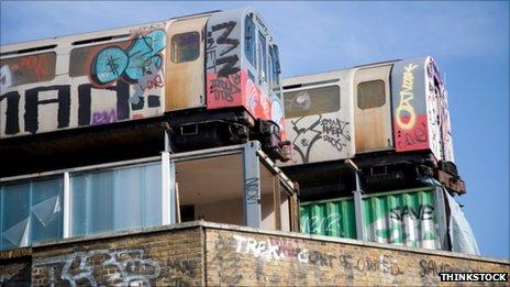 trains with graffiti