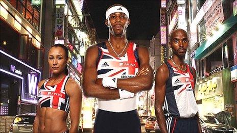 Jessica Ennis (left), Phillips Idowu (centre) and Mo Farah (right)