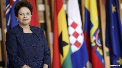 Brazilian President Dilma Rousseff smiles during a ceremony for the delivery of credentials of new ambassadors at the Itamaraty Palace in Brasilia on 12 August 2011