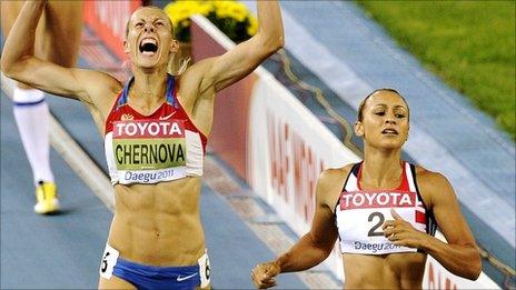 Jessica Ennis was beaten to the gold by Tatyana Chernova (left)