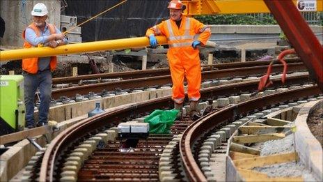 Workers on the new tram line in Edinburgh