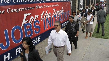 Jobseekers line up at the Congressional Black Caucus For The People Jobs Initiative job fair in Los Angeles on 31 August 2011