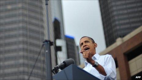 President Barack Obama speaking outside GM HQ in Detroit, 5 Sept 2011