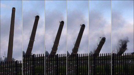 Sequence of pictures showing the chimney being demolished at Port Dundas