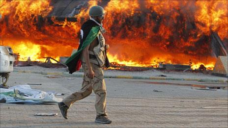 Gaddafi compound in flames