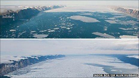 These photos of the Petermann Glacier were taken two years apart, in the summer of 2009 (top) and in July 2011