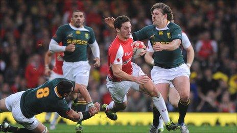 Wales wing George North tests the South Africa defence in last November's Test