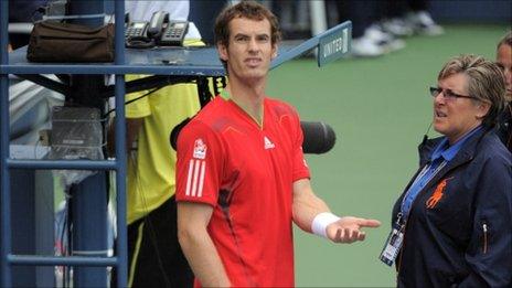 Andy Murray and match officials discuss the state of the court