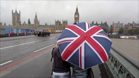 Union Jack umbrella overlooking Westminster