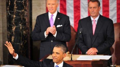 President Obama with Vice President Joe Biden and Speaker of the House John Boehner behind him