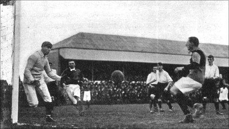 Goalkeeper Leigh Richmond Roose in action for Stoke in around 1904