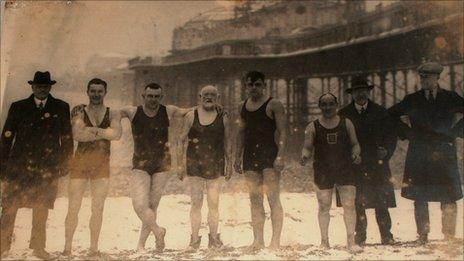 Swimmers standing in front of Palace Pier in 1929