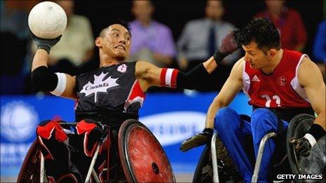 Contestants playing wheelchair rugby at the Beijing Paralypics