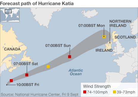 Map showing forecast path of hurricane