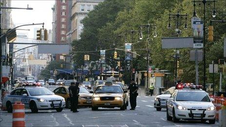 Police man a checkpoint on Broadway Avenue in New York September 10, 2011, a day before the 10th anniversary of the 9/11 attacks on the World Trade Center.