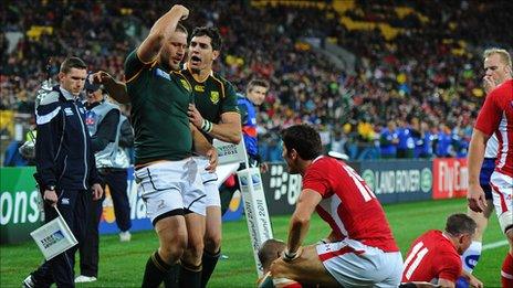 Frans Steyn celebrates his opening try against Wales