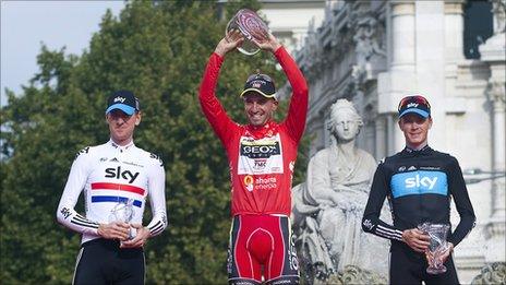 Chris Froome (left), Juan Cobo (centre), Bradley Wiggins (right)