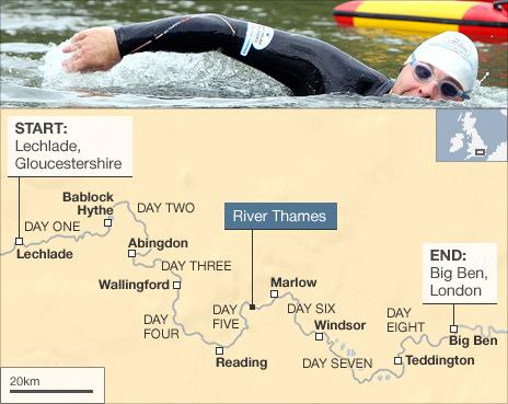 Map showing route of Walliams' Thames swim