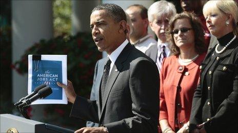 President Barack Obama holds up the American Jobs Act