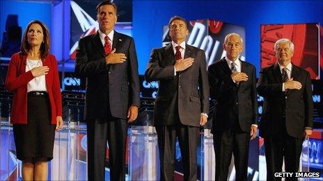 Candidates at the CNN/Tea Party debate on 12 September 2011.