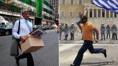 Left: employee leaves the Lehman Brothers headquarters in New York following the firm's collapse in September 2008; Right: anti-austerity rioter in Athens carries the Greek flag