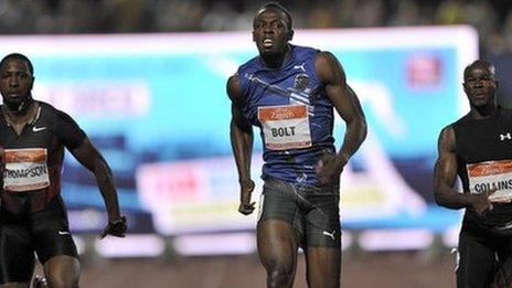 Usain Bolt (centre) wins the 100m in Zagreb