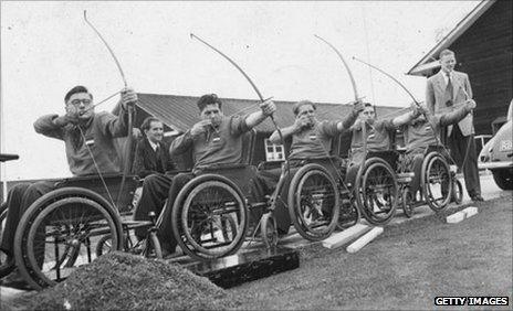 The Dutch wheelchair archery team practising for the 1953 Wheelchair Olympics