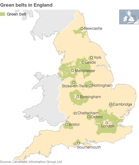 Map of green belts in England