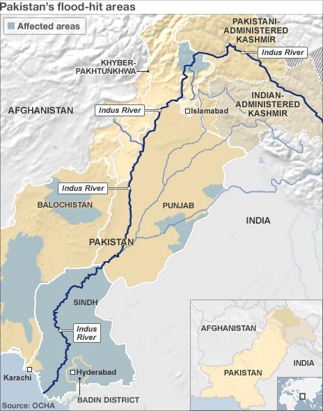 A map showing Pakistan's flood hit areas