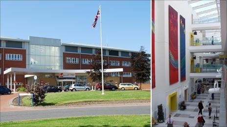 Exterior of Cumberland Infirmary and inside hospital atrium