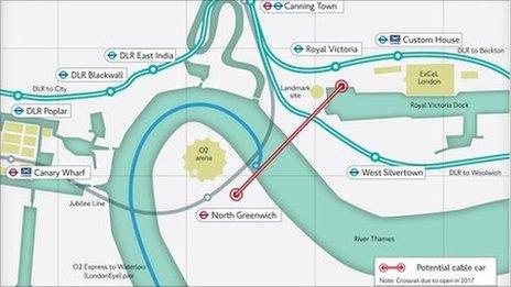 A Transport for London map showing the Thames cable car route