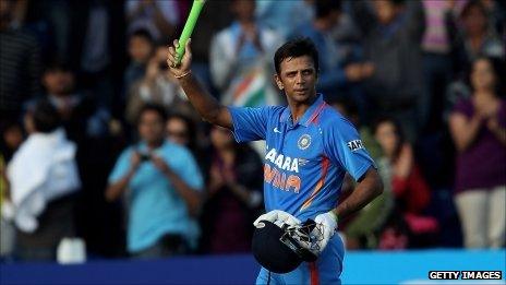 Rahul Dravid acknowledges the crowd after his final one-day innings