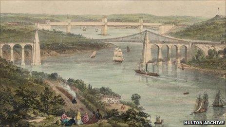 A lithograph by Picken of Telford's Menai Suspension Bridge and Stephenson's Britannia Tubular Bridge from about 1850