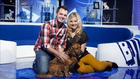 Barney Harwood and Helen Skelton with Barney the dog on the new Blue Peter set