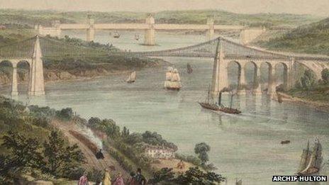 Lithograff gan Picken o Bont Menai a Phont Britannia, o tua 1850