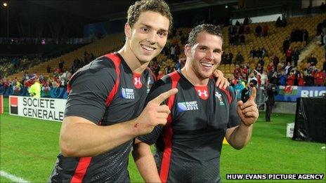 George North and Ryan Bevington celebrate Wales' 81-7 win over Namibia