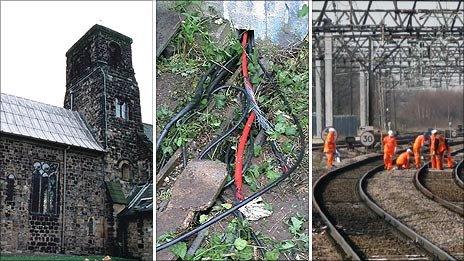 A church, wire and a rail track