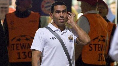 Carlos Tevez leaves the Allianz Arena after the 2-0 defeat by Bayern Munich