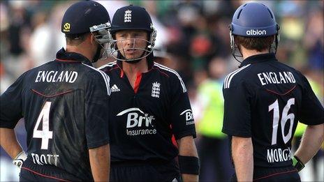 Eoin Morgan (right) acted as a runner for Ian Bell (centre) when he batted with Jonathan Trott against Bangladesh in 2010