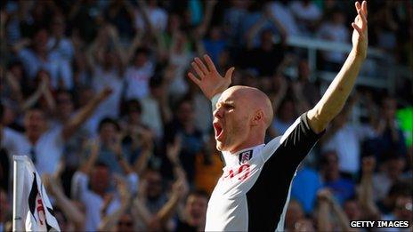 Fulham's Andrew Johnson celebrates after scoring the first of three goals against Queens Park Rangers